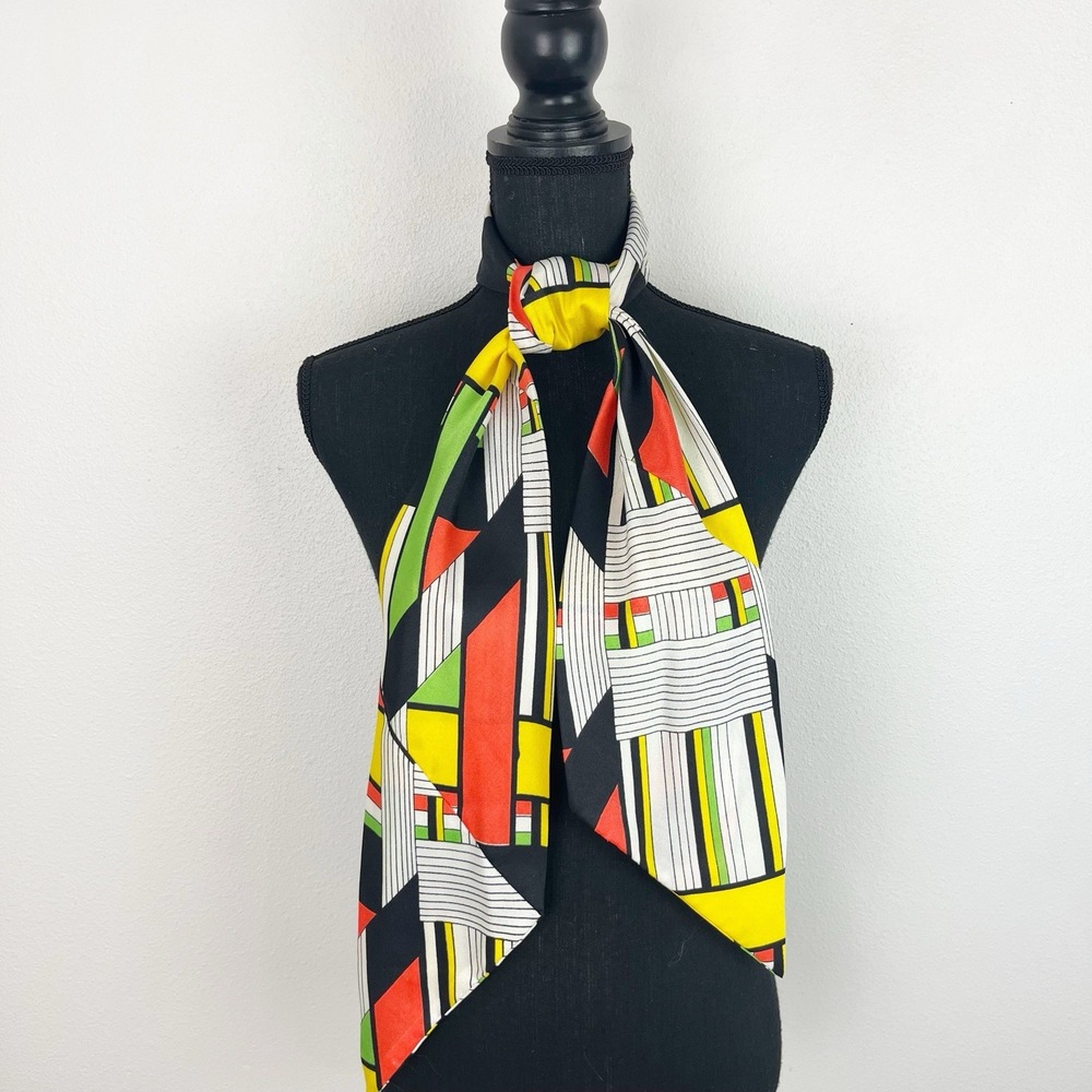 Vintage 70s 80s Scarf Bold Color Block Geometric Print Head Neck Wrap Retro Mod